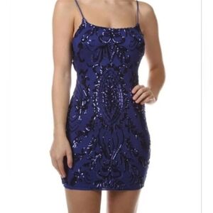 L Crystal Doll Blue Sequin Mini Dress,Mesh,Dbl Line,Adj Back&Shoulder Straps